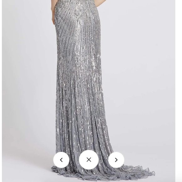 MAC DUGGAL 4963A BEADED HALTER THIGH SLIT PLATINUM GOWN sz 8 - Picture 6 of 6